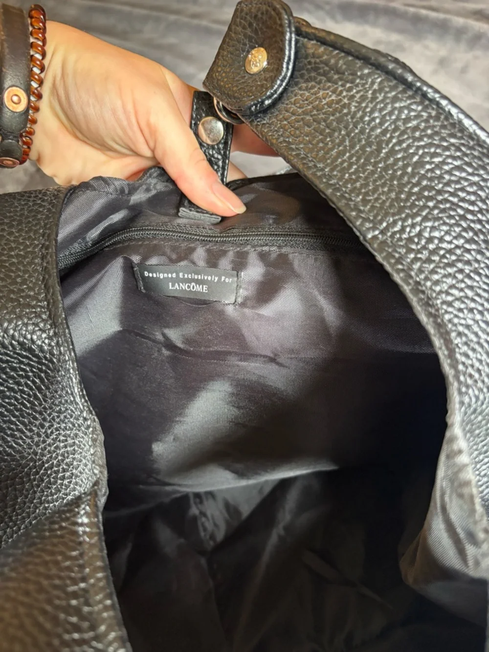 Lancôme Black Hobo Shoulder Bag Purse, Pebbled Leather, Silver Hardware